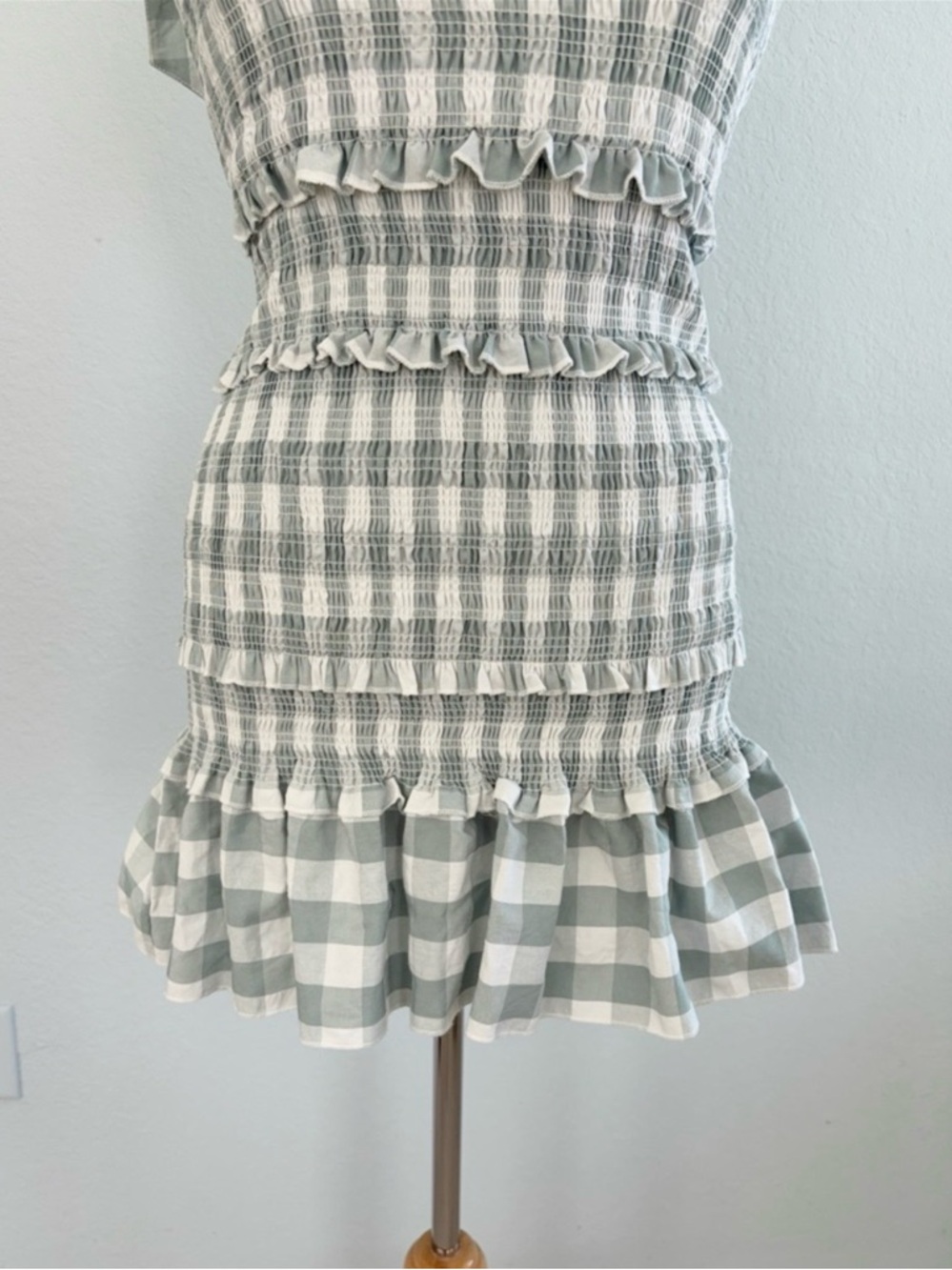 MABLE Allison Smocked Sage Gingham Check Mini Dress - Picture 6 of 14